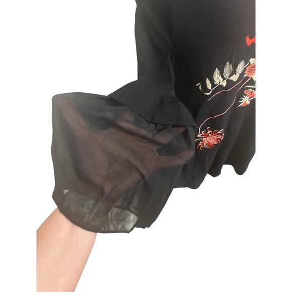 Alfani Embroidered Sheer Bell Sleeves Black Knit Blouse (Medium) - Picture 3 of 5